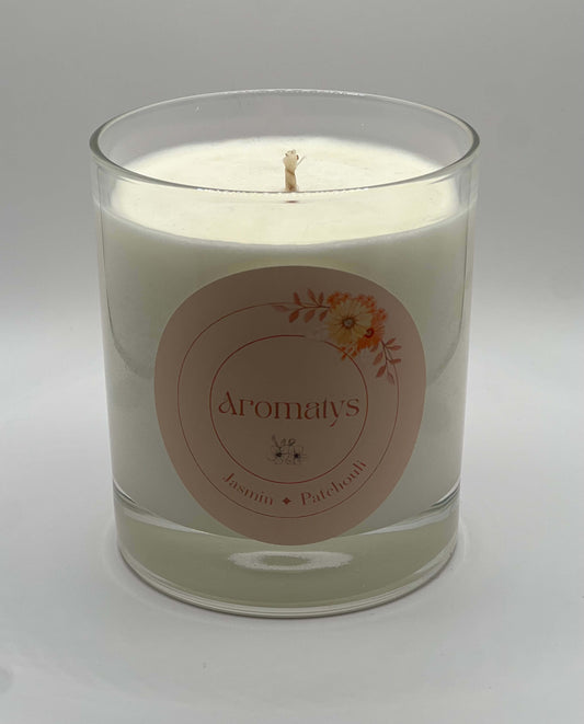 Bougie Jasmin Patchouli dans son pot en verre ambré